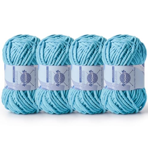 Image of 4 Pack Chunky Chenille Yarn for Crocheting, Baby Yarn for Crocheting Soft Blankets, Bulky Yarns for Crochet Amigurumi, 400g (297yds) Fluffy Velvet Yarns for Hand Knitting (4 Blue)