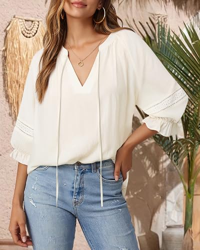 Womens Summer Blouses Flowy Casual V-Neck Front Tie Tops 3/4 Sleeve with Elastic Cuffs Vacation Shirts Boho2