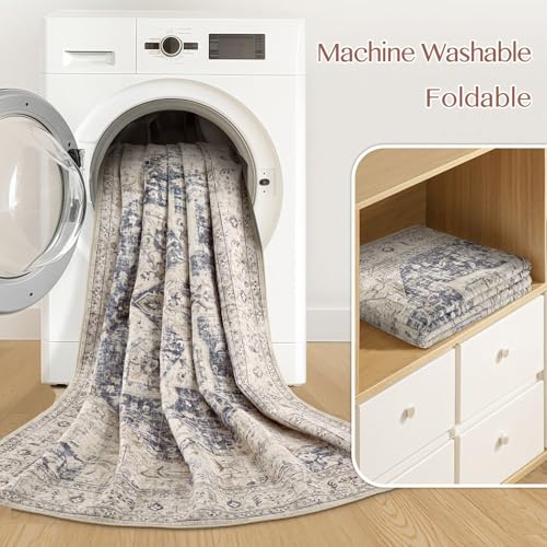 Tortania Area Rug Living Room Rugs - 9x12 Washable Boho Rug Vintage Oriental Distressed Farmhouse Large Thin Indoor Carpet for Living Room Bedroom Under Dining Table Home Office - Cream Blue - Image 6