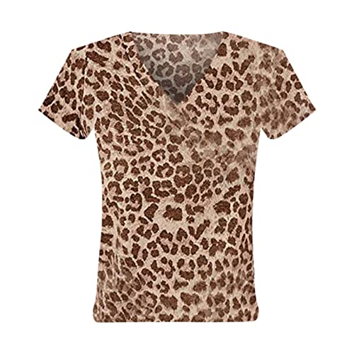 Túnica italiana moda casual camiseta con estampado de leopardo, estampado de camuflaje, cuello en V, manga corta para mujer, marrón, L