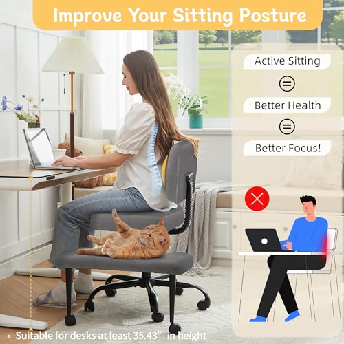 Image of Criss Cross Legged Office Chair with Wheels,Swivel Meditation Chair for ADHD,Ergonomic Desk Chair with Thicken Adjustable Footstool,Fabric Sitting Fidgeting Kneeling Chair for Home Yoga Grey