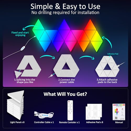 Image of 8 PCS Led Triangle Light Panels - Smart APP 6 inches Triangle RGB Gaming Lights with Music Sync Gaming Theme for Kids and Teens Room Playroom Decor