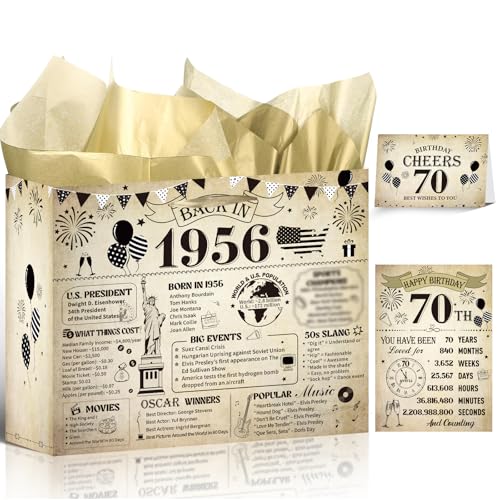 Wxiben 70th Birthday Gift Bag - 70th Birthday Decorations for Women Men, Vintage Gifts Wrapping Bag with Tissue Paper Handles Greeting Card Poster, Back in 1956 Party Decor Supplies