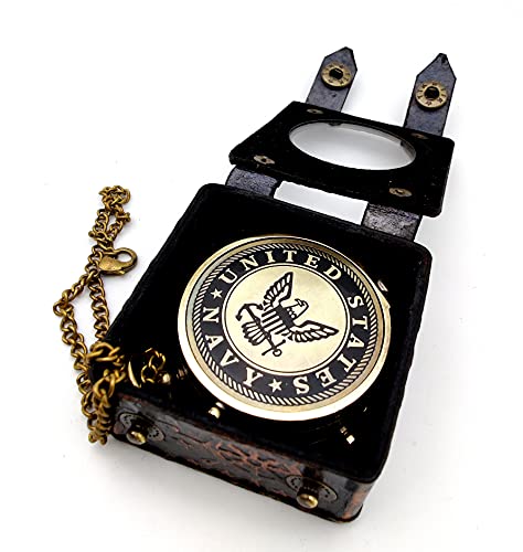Brújula militar de latón grabada US Navy 5MoonSun5 con estuche de exhibición de cuero - brújula náutica para senderismo, camping y caza miniatura 7