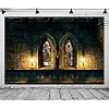 BELECO 7x5ft Fabric Gothic Castle Photography Backdrop Ancient Stone Castle Arched Windows with Stained Glass Dim Light Halloween Evil Background Medieval Castle Theme Party Decorations Photo Props
