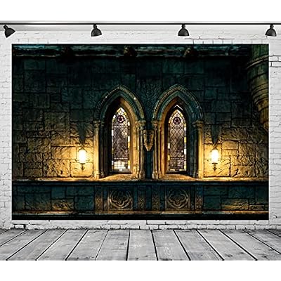 BELECO 7x5ft Fabric Gothic Castle Photography Backdrop Ancient Stone Castle Arched Windows with Stained Glass Dim Light Halloween Evil Background Medieval Castle Theme Party Decorations Photo Props