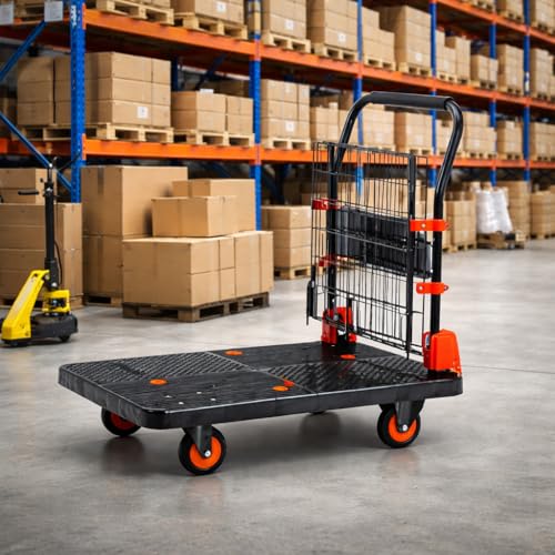 Image of BonKaso 150Kg Foldable Platform Trolley with Basket Cage | Portable Heavy-Duty Plastic Hand Truck with 360 Rotating Wheels Cart for Office, Warehouse & Outdoor (72.5x48.5x98.5cm) Black