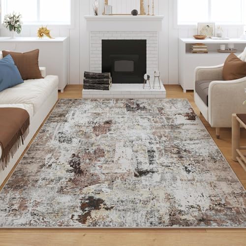 Modern Abstract Washable Rugs 8'x10' - Non-Slip Low Pile Area Rug, Large Boho Carpet for Living Room, Bedroom, Dining Room, Farmhouse, Kids Playroom, Office - Brown
