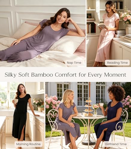 Image of NACHILA Women's Pajamas Set-Viscose Made from Bamboo,Short Sleeve Sleepwear Soft Pjs with Capri Pants Loose Loungewear
