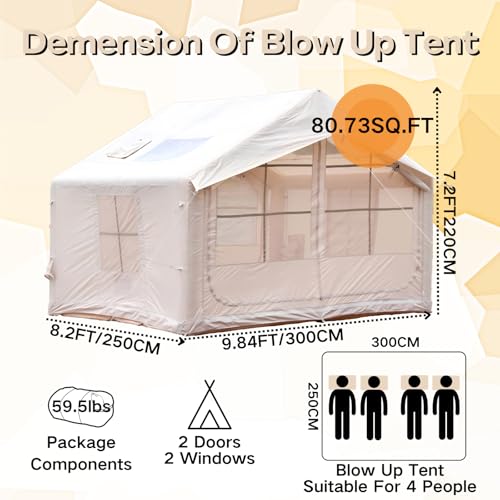 Inflatable Tent, Outdoor Easy Setup Inflatable Tents for Camping, Portable Blow Up Tent with Stove Jack, Cotton Canvas Material for Glamping, for 4 Season, 4/6/8/10 Person Use - Image 3