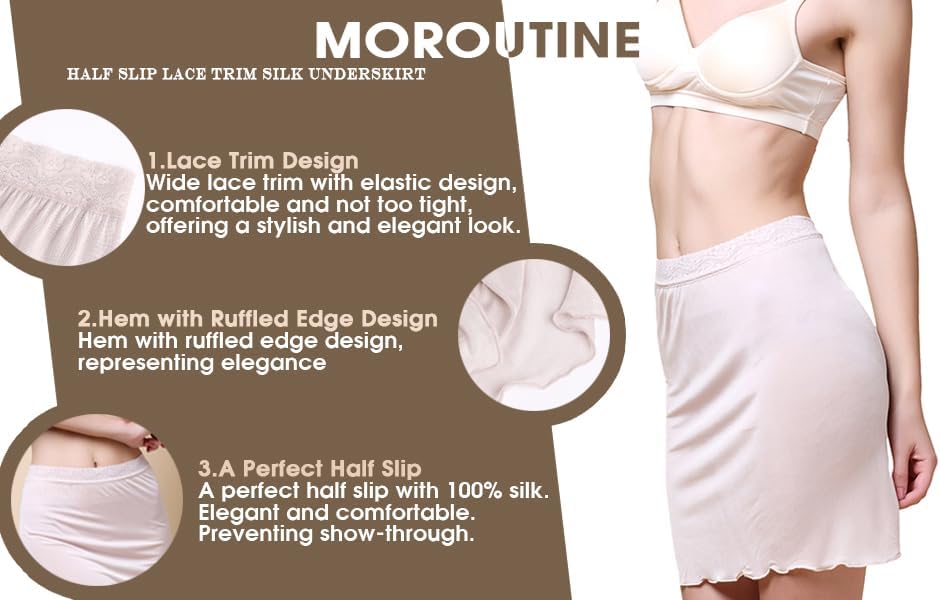 Women's Silk Half Slip Lace Trim Waist Short Underskirt Anti Cling Seamless Under Dress - Image 3