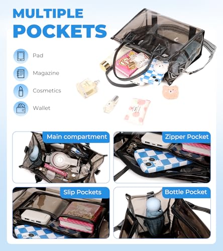 Image of Clear Tote Bag Stadium Events Transparent Clear Purse for Women Thick PVC Shoulder Bag with Guitar Strap for Concert