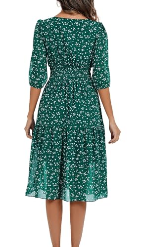Image of Kormei Women Casual Boho Floral Round Neck 3 /4 Sleeve Smocked Waist Tiered A Line Flowy Swing Midi Dress Long Dresses