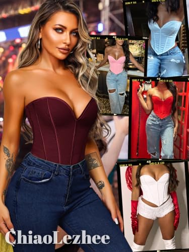 Image of ChiaoLezhee Heart Corset Top For Women, Sexy Concert Outfits Going Out, Strapless Crop Top, Overbust Bustier