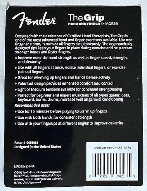 Fender GRIP Hand and Finger Exerciser (Hard - 7lbs / 3.2kg) ¨C Best Ergonomic Finger Strengthener to improve play on all stringed instruments (Guitar, Bass, Violin, etc.)