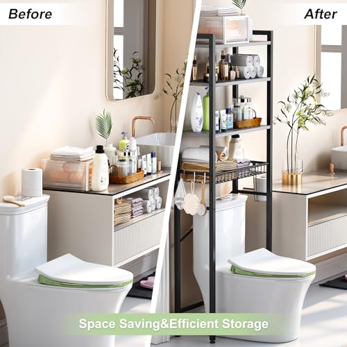 Image of Kalrin Over-The-Toilet Storage Rack, 4-Tier Bathroom Organizer Shelf Over Toilet with Adjustable Shelf and Basket, Freestanding Space Saver Bathroom Shelves Above Toilet for Room (Pure Gray)