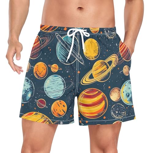 xigua Cartoon Planets Mens Swim Trunks with Liner, 5 inch Quick Dry Mens Boardshorts for Beach