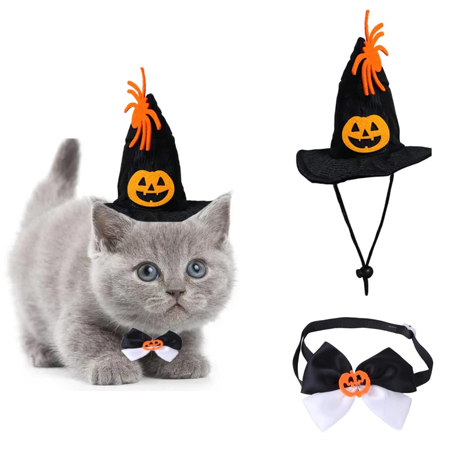 Conjunto de disfraz de Halloween para mascotas, ajustable, sombrero de mago de calabaza y corbata, ropa de cosplay para gato, perro, conejo, erizo, chinchilla, hurón