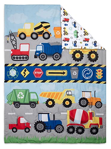 Image of Baby Boom Funhouse Construction Area 4 Piece Toddler Bedding Set, Trucks - Includes Comforter, Sheet Set - Fitted + Top Sheet + Reversible Pillowcase for Boys Bed, Blue