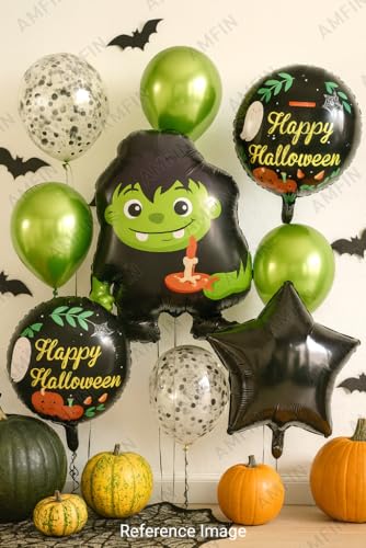 Image of AMFIN (Pack of 11) Halloween Balloon Decoration Set - Green Monster Foil Balloon with 2 inchHappy Halloween inch Round Balloons & 2 Black Star Balloons - Spooky Party Supplies for Kids & Adults
