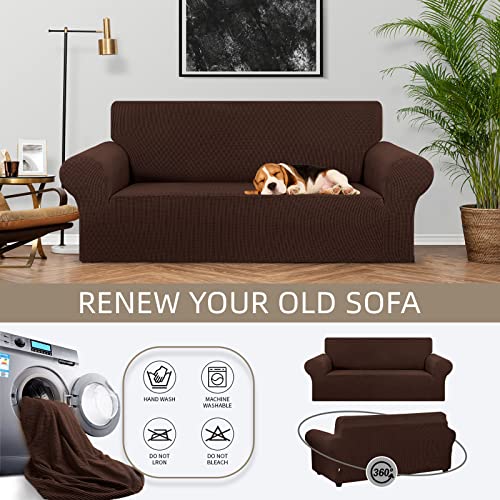 KEKUOU Stretch Loveseat Sofa Cover Slipcover,Couch Covers for 2 Cushion Couch Sofa (55"-78") Furniture Protector Sofa with Elastic Bottom for Kids,Dog. Jacquard Small Checked (Medium,Chocolate)