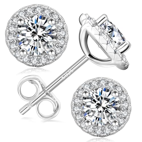 KRKC Halo Moissanit Ohrringe für Damen, Diamant Ohrstecker 0,2/0,6/1,0/1,6/2/3 Karat, 925 Silber 14K Gold/Weißgold vergoldet VVS1 D Farbe, Nickelfrei Schmuck Geschenk für Frau Mutter Freundin Sie
