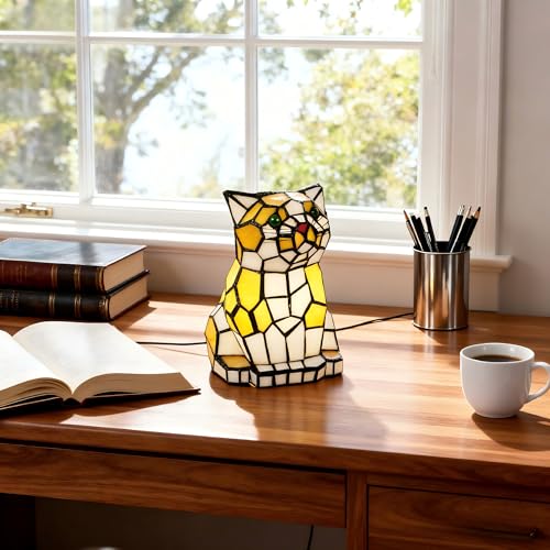 mfanchan Cat Table Lamp, Yellow and White Stained Glass Animal Table Lamp, Cute Cat Waits for Someone to Play with Stained Glass Accent Table Lamp Night Light for Home Decoration — view 6