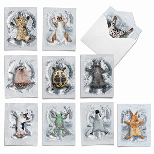 The Best Card Company 10 Blank Notecards w/Envelopes Box Set, 4 x 5.12 Inch, Wildlife Cards for Men Women and Kids - Critter Snow Angels M4187OCB-B1x10-NB