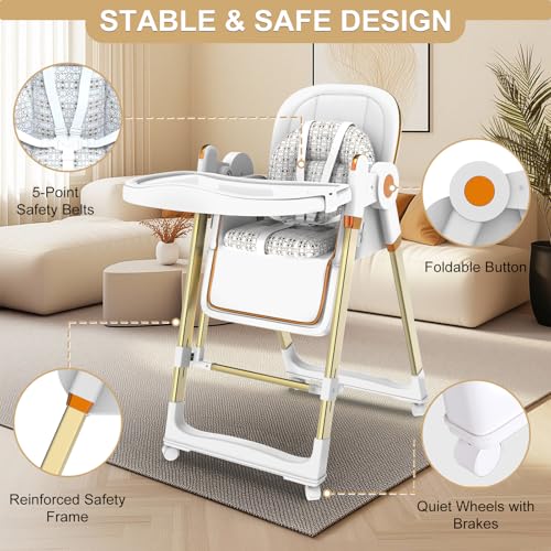 Image of Baby High Chair, Foldable High Chair for Babies and Toddlers with Wheels, Adjustable Highchair with 2 Seat Modes, Removable Dual Tray, PU Cushion, 5-Point Harness, White