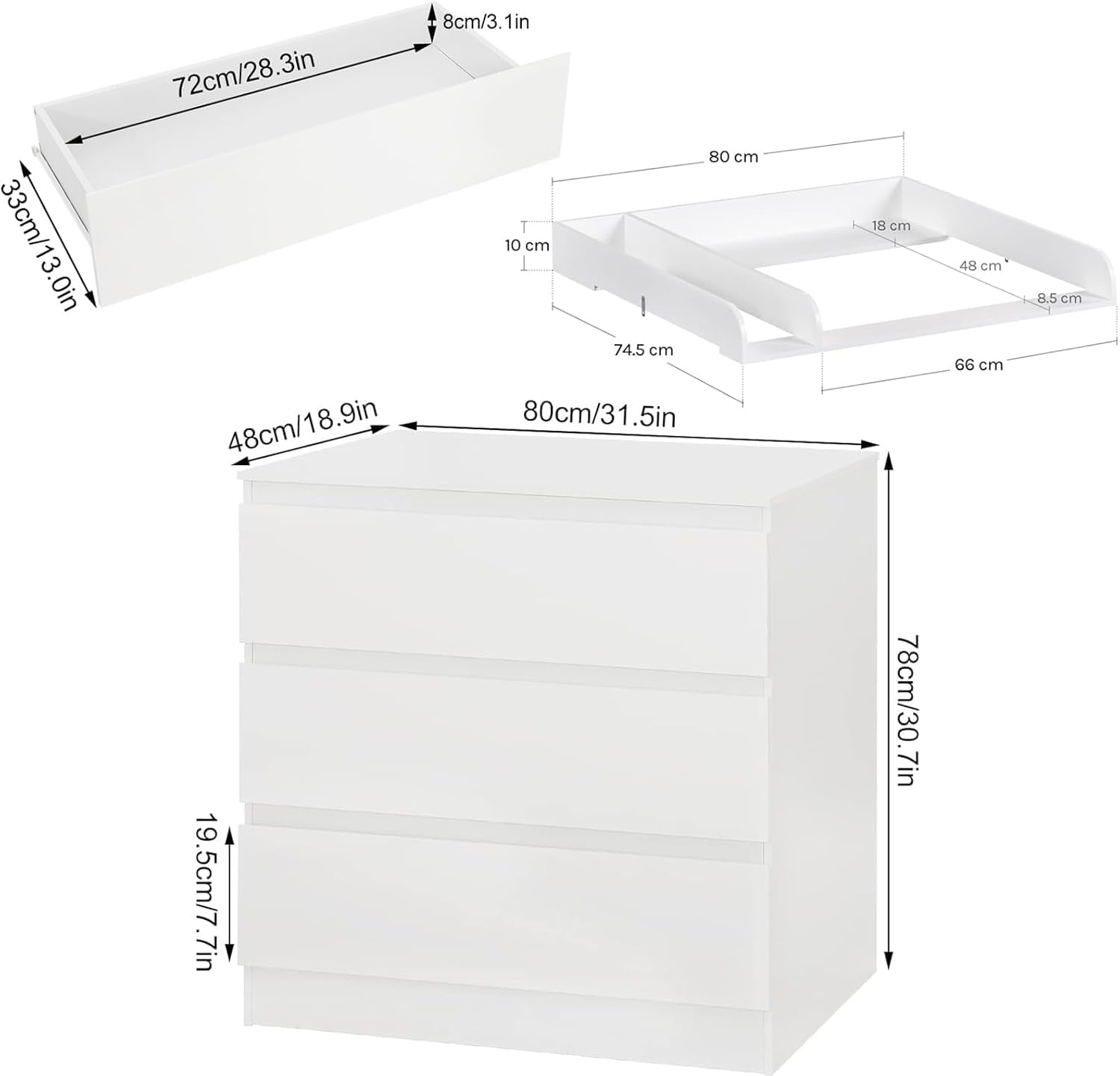 WOLTU Mueble Cambiador para Bebé, Cómoda con 3 Cajones, Cambiador Bebé 80x74,5 cm, Dividido en 2 Zonas, Cajonera de 48x80x78 cm, Blanco