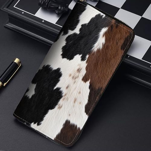 Image of RFID Blocking Leather Wallet for Women - Large Capacity Zip Around Clutch with 8 Card Slots,26 Cash Pockets & Coin Zipper,Black Brown Cowhide Fur Pattern