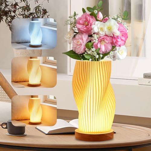 SUNOYA Lampe de Table LED, Lampe De Chevet, Veilleuse avec Base Bois, Lampe de Nuit, Lampe Illusion...