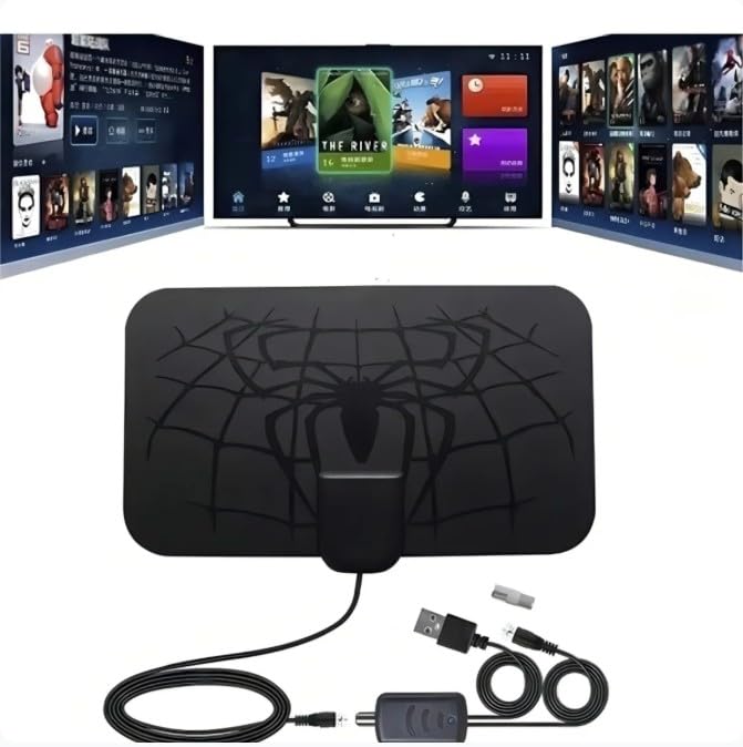 Antena de TV Digital HDTV 4K 1080p, Design Aranha Preta | Amplificador de Sinal 25dB,