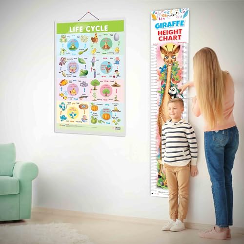 Image of GO WOO Life Cycle Chart and GIRAFFE HEIGHT CHART | Set of 2 charts 1 Educational + 1 Height Chart | Interactive Set of Life Cycle Chart and Giraffe Height Chart for Fun-loving Kids