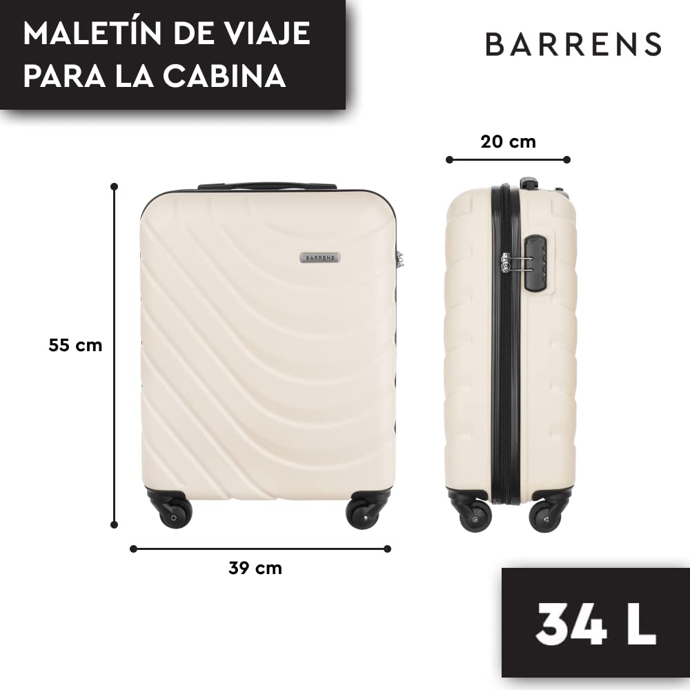 BARRENS Maleta de Cabina | Equipaje de Cabina | 55x40x20 cm | 34 L | ABS | Maleta de Viaje | 4 Ruedas | Asa Flexible | Maleta rígida | Compatible con líneas aéreas | Beige