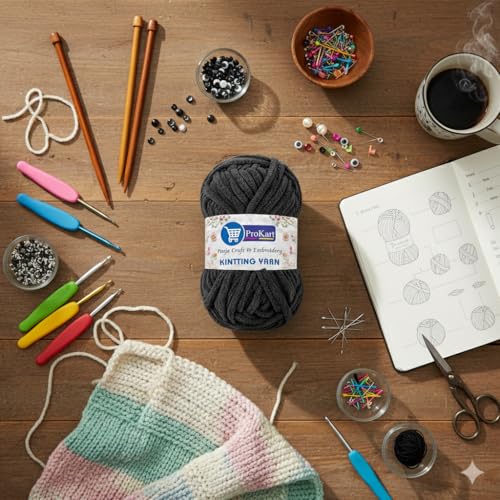 Image of ProKart Premium Blankie Wool, Plush & Cuddly, Chenille Yarn Supersoft Hand Knitting Wool Ball | Blanket Thick /Mottu Yarn Ball Suitable for Hand Knitting and Crocheting (Black, 100gms x 1 Pack)
