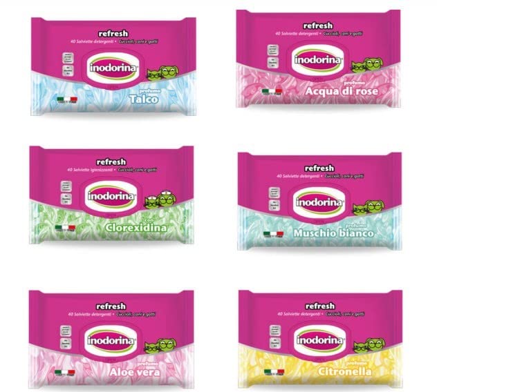 Salviette per Cane e Gatto INODORINA. 12 Buste Assortite da 40 Pz Cadauno Referenze in Base alla disponibilità