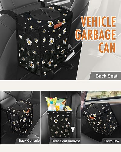 Image of Pritent Car Trash Can with Lid Leakproof Car Garbage Bag Vehicle Trash Bin | Hanging Automotive Garbage Can,Multipurpose Car Accessories for Women Men Interior Car Storage Organizer(2 Gal,Black Flower)