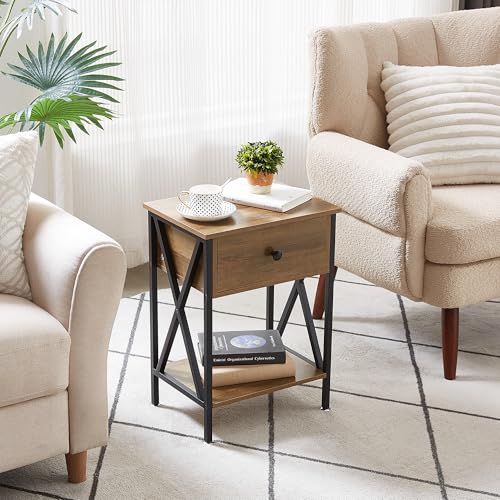 Image of VECELO Nightstand,Modern Bedside End Table, Night Stand with Drawer and Storage Shelf for Living Room Bedroom, Industrial Metal Frame