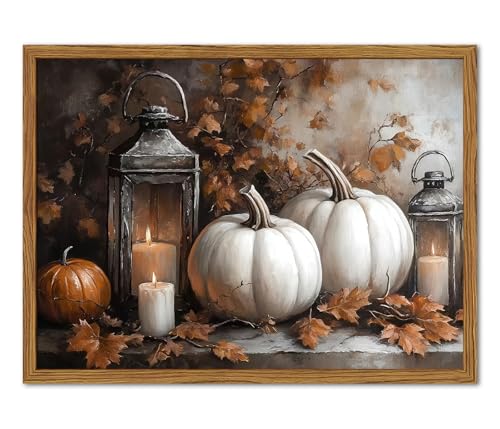 Framed Vintage Fall Pumpkin Canvas Wall Art, Rustic Farmhouse Autumn