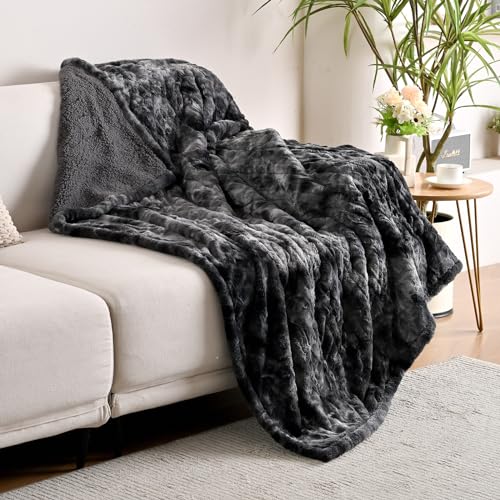 Bearhug Heated Throw Blanket 50" x 60" Electric Throw Warming Blanket Reversible Faux Fur & Sherpa, 6 Heating Levels & 4H Auto Off, Over-Heat Protect, ETL, Washable Heated Blanket Marble Black