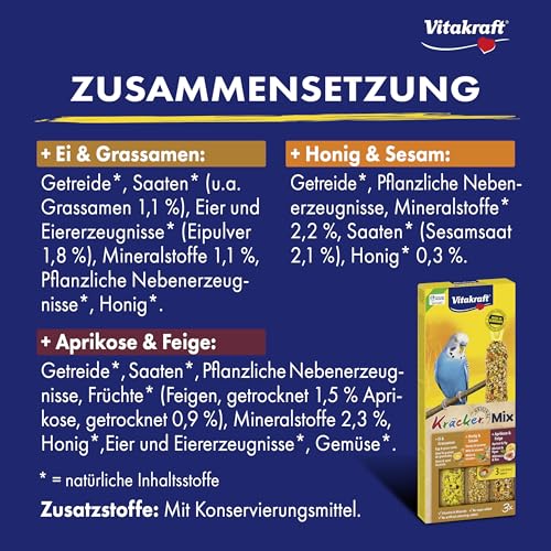Vitakraft Kräcker Mix, Vogelsnack, Knabberstangen, mit Ei und Grassamen, mit Aprikose und Feige, mit Honig und Sesam, zur Schnabelpflege, ohne Zusatz von Zucker (10x 80g)
