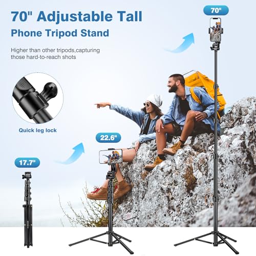 Image of 70 inch Phone Tripod with Remote & Holder, Portable Cell Phone Stand, Selfie Stick for Video Recording, Compatible with iPhone 14 /13 Pro Max /Android /Camera
