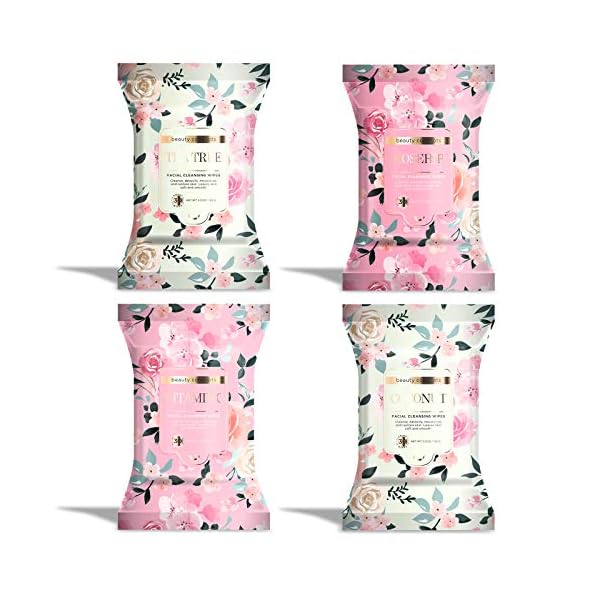 Beauty Concepts Facial Wipe Set- 4 Packs of Face Wipes, Makeup Removing Wipes with Vitamin C, Tea Tree, Rosehip, and Coconut, Sage Floral Package