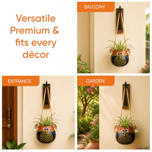 Image of AAKRITI ART CREATIONS Wall Hanging Planter with Hook | Brown & Blue Earthen Planter on Classic Hook, Modern Art, Matte Finish | Metal, Terracotta & Wood | Decorative Hanging Pot for Indoor & Outdoor
