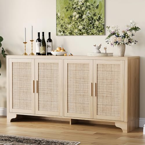 GarveeHome 4-Door Sideboard Buffet Cabinet, Natural Rattan Storage Cabinet, Boho Entryway Console Table, Coffee Bar Station for Dinning Room, Living Room, Kitchen