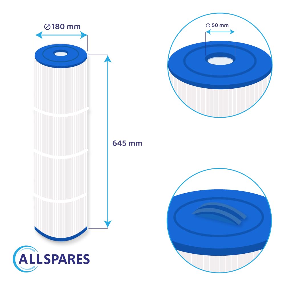 AllSpares Filtre pour spa, filtre pour piscine, cartouche filtrante pour spa de rechange pour Weltico C6 | 62616 | Filtre en fibre | 180 x 645 mm | ouverture 50 mm | Poignée fermée en haut