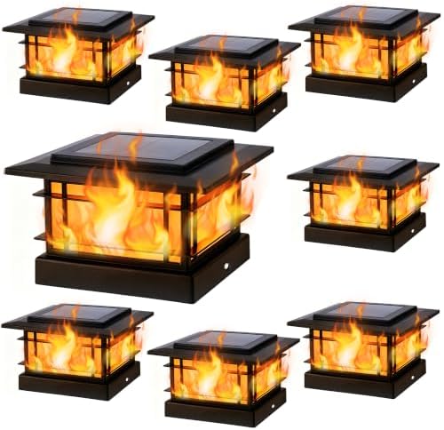 Dynaming 4x4 Solar Post Cap Lights Outdoor with Flickering Flame Light, 8 Pack Black Shell Fence Post Solar Lights Fit 4x4 Vinyl/Wooden Posts, Brightness LED Lighting Decor for Garden Deck Patio