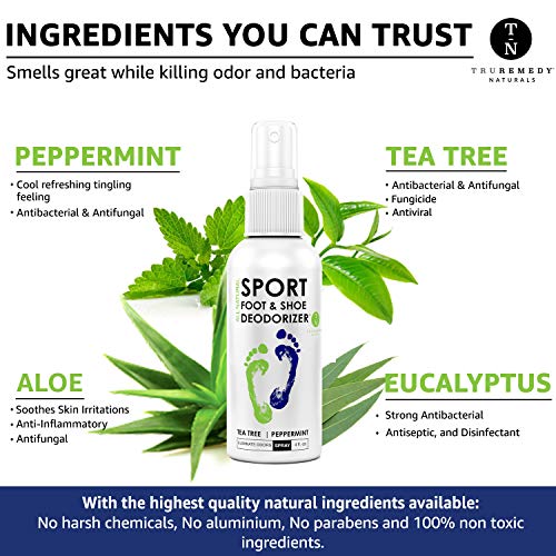 Natural Shoe Deodorizer Spray, Foot Deodorant Spray, Foot Odor Eliminator for All Shoes - Fights Athletes Foot & Stinky Feet - Tea Tree Oil, Peppermint, Spray Better Than Powder, Sneaker Balls - 4 Oz