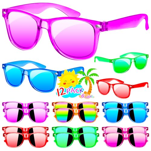 Kids Sunglasses Bulk, 12 Pack Kids Sunglasses Party Favor, Neon Sunglasses for Kids with UV400 Protection, Party Supplies, Beach, Pool Party Favors, Party Favor for Kids Boys and Girls 3-8